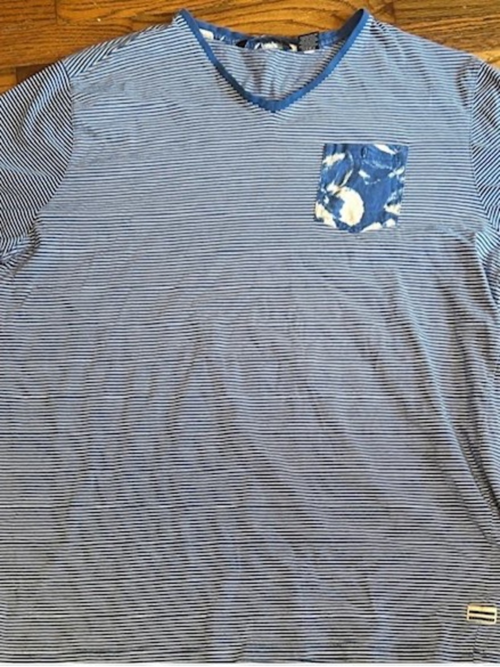 Sean John Blue Striped V-Neck Pocket Tee with Patterned Pocket